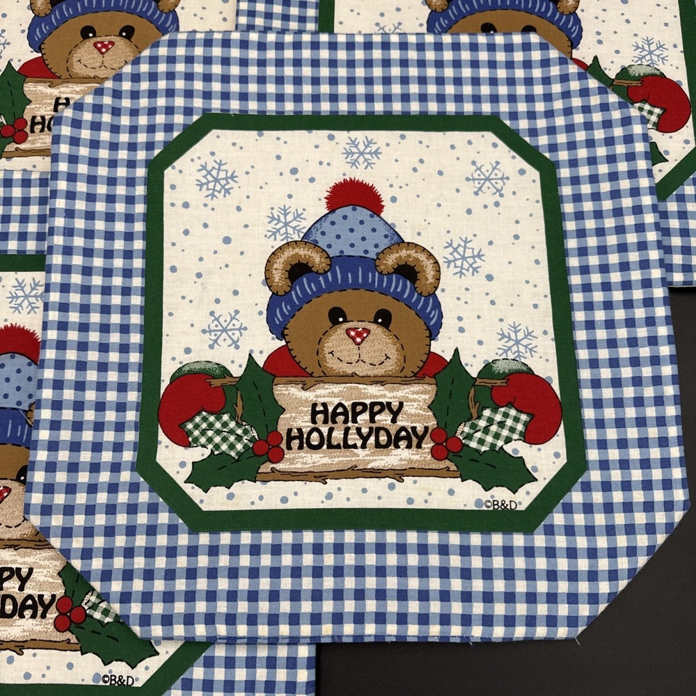 Vintage Quilted Placemats (4)  Bear Blue Border B&D Cottage Core Christmas